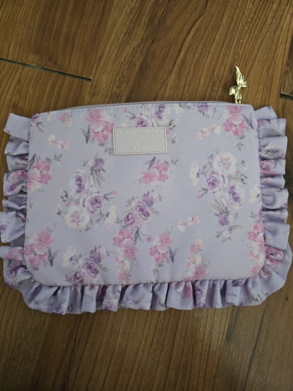 LoveShackFancy x Yoobi Purple Bow Print Ruffle Makeup Bag Zipper Pouch Floral